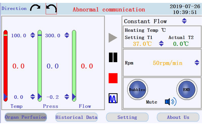 Organ perfusion system interface showing temperature, pressure, flow controls, and constant flow settings.