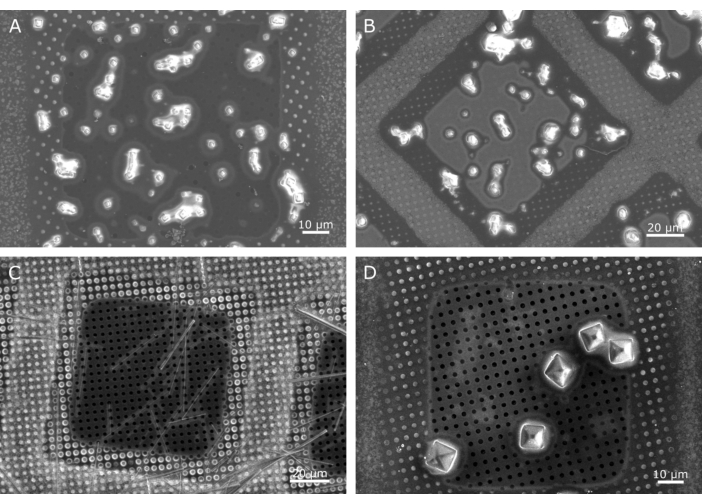 Scanning electron microscope images of advanced microstructure patterns on silicon substrates.
