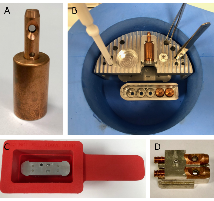 Cryogenic spectroscopy setup, sample holder components, labeled A-D, for optical measurements.
