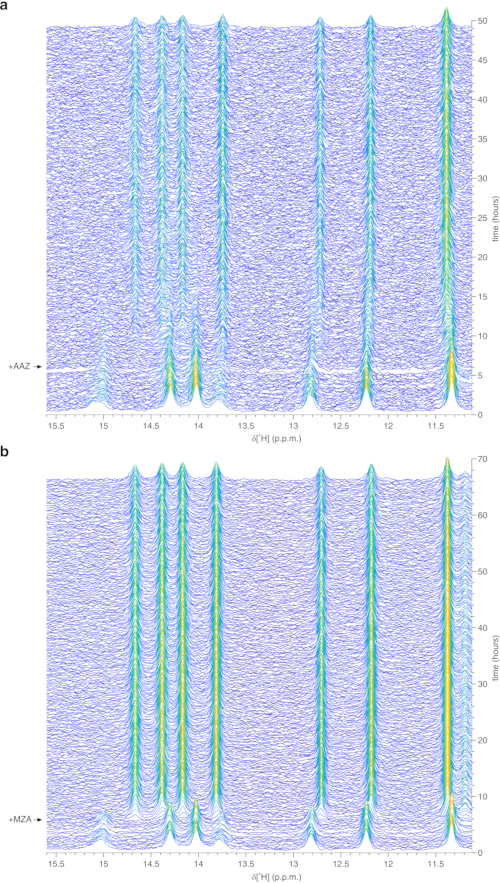 Spectral fitting diagram, NMR analysis, AAZ and MZA effects on x(H) versus time, chemical shift.