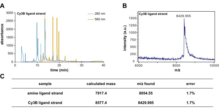figure-results-1 Chromatography and mass spectrometry results; absorbance chart, mass error table for Cy3B ligand.
