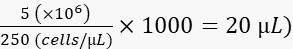 Cell concentration calculation formula: (5×10⁶/250 cells/µL)×1000=20 µL. Mathematical equation.