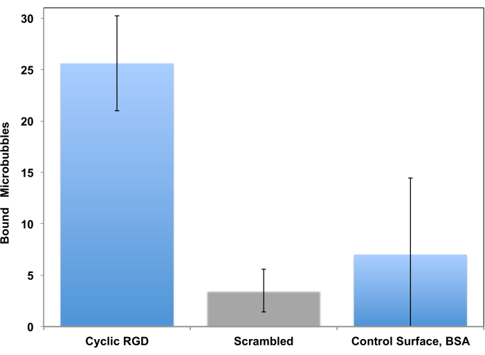 figure-results-6 Bar graph of microbubble binding; cyclic RGD, scrambled, control surface BSA; experimental results.