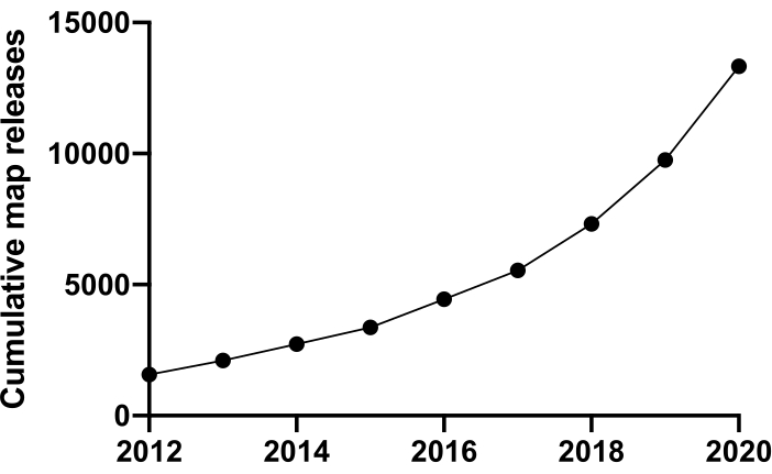 figure-introduction-1 Cumulative map releases trend; line graph; data analysis; 2012-2020 growth.