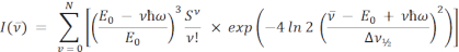 Equation for spectral line shape; includes summation, exponential terms; mathematical analysis.