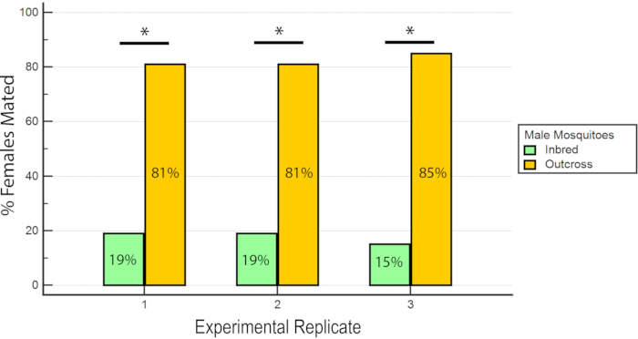 Mosquito mating success chart; Inbred vs. Outcross; bar graph shows % females mated per replicate.
