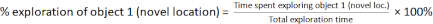Exploration formula, % exploration of object calculation, behavioral study method, equation.