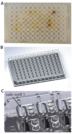 Microplate assay setup, colorimetric results, multi-well plate diagram, sample analysis.