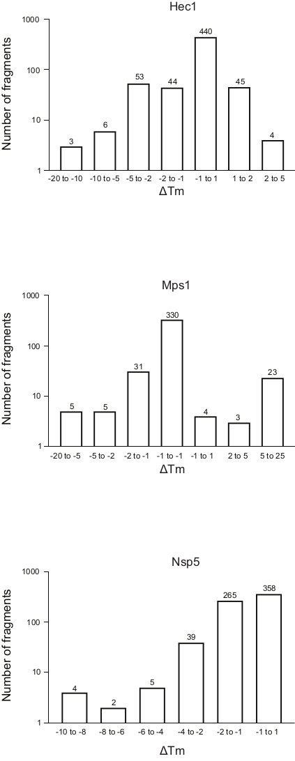 Bar charts of ΔTm vs. fragment count for Hec1, Mps1, Nsp5 in stability analysis.