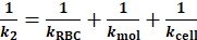 Equation of resistance in series, showing 1/k2 = 1/kRBC + 1/kmol + 1/kcell, used in kinetics study.