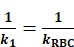 Equation showing relationship: 1/k1 = 1/kRBC; key for kinetic rate constants in biochemical analysis.