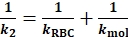 Reaction rate equation, inverse rate constants diagram; k2, kRBC, kmol terms for kinetics analysis.