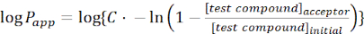 Pharmacokinetics equation, calculating apparent permeability, logP, in drug absorption studies.