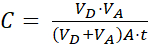 Chemical concentration formula C=(VD*VA)/((VD+VA)*A*t), used in analytical chemistry.