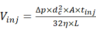 Fluid dynamics equation; injection volume in microfluidics, formula: Vinj = Δp×dc²×A×tinj/32η×L.