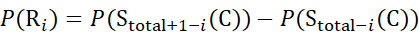 Probability equation for statistical analysis, formula P(R_i)=P(S_total+1-i(C))-P(S_total-i(C)).