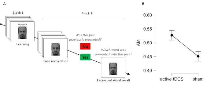 Processus de reconnaissance faciale, diagramme et résultats, montrant les blocs d’apprentissage et l’effet de la tDCS active par rapport à la simulation.