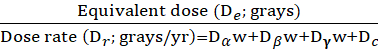 Radiation dose calculation formula, Dr=Da+Db+Dy+Dc; equation for equivalent dose in grays.