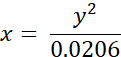 Equation for calculating x with variable y in a mathematical formula context.