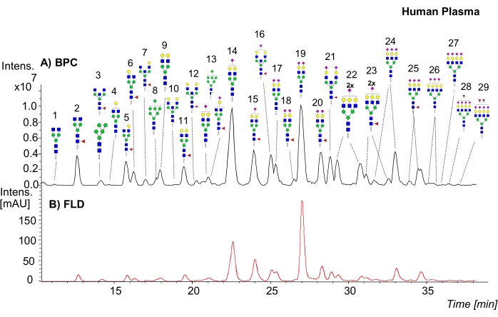 figure-results-2 Human plasma chromatography; BPC and FLD graphs; chromatogram peaks; time vs intensity.