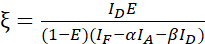 Static equilibrium formula, diagram shows ξ = (ID*E)/[(1-E)(IF-αIA-βID)], used in mechanical analysis.