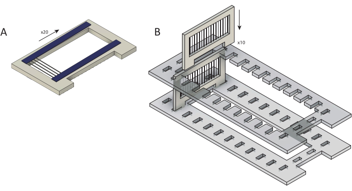 Microfluidic device diagram illustrating channel and electrode assembly for cell analysis.