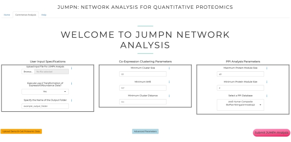 figure-results-3 Jumpn network analysis interface for quantitative proteomics; user input, clustering, and analysis setup.