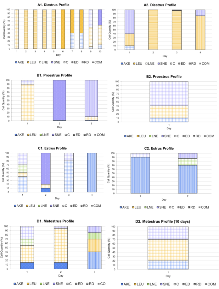 figure-results-10 Gráficos de barras de fases del ciclo estral; cantidad de células a lo largo de los días; Perfiles: diestro, proestro, estro, metestro.