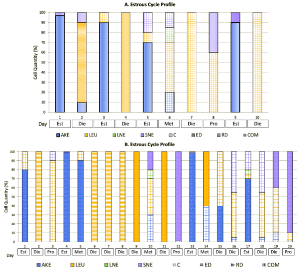 figure-results-9 Gráficos de perfil de ciclo estral; gráficos de barras apiladas; cantidad de células frente al día; análisis de datos.