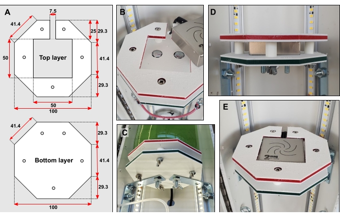 Octagonal sensor unit diagram and assembly; multilayer structure; used in precision measurement setup.
