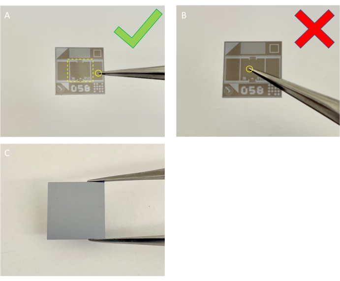 figure-protocol-3 Testing LED display alignment with tweezers; diagram showing successful and failed placements.