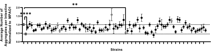 Aggregate number analysis vs. strains; scatter plot; statistical comparison; experimental data.