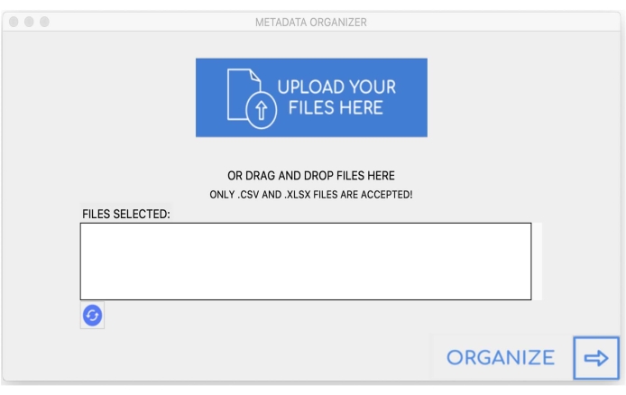 Metadata file organization interface for CSV/XLSX upload and management.