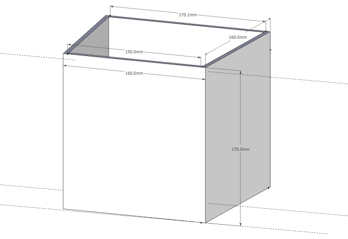 3D box diagram with dimensions, engineering design, technical drawing, product design analysis.