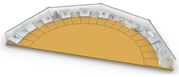 Scientific exhibition setup diagram; semicircular layout with multiple display sections.