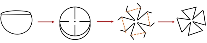 Symmetry analysis diagram; steps showing pattern transformation; educational concept visualization.