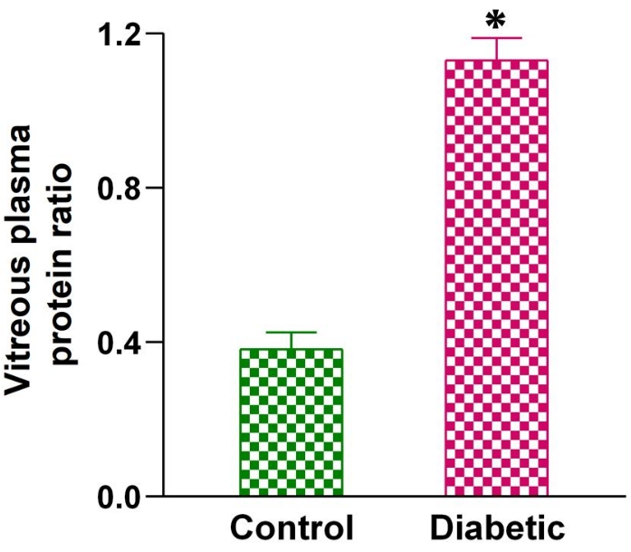 Bar graph comparing vitreous plasma protein ratio in control vs diabetic samples; diabetic elevated.