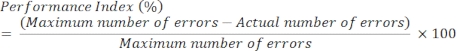 Performance index equation showing error calculation for percentage efficiency in experiments.