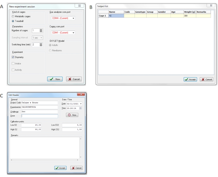 Metabolic cage experiment setup, data panel, subject list; oxymetry, CO2 measurement settings.