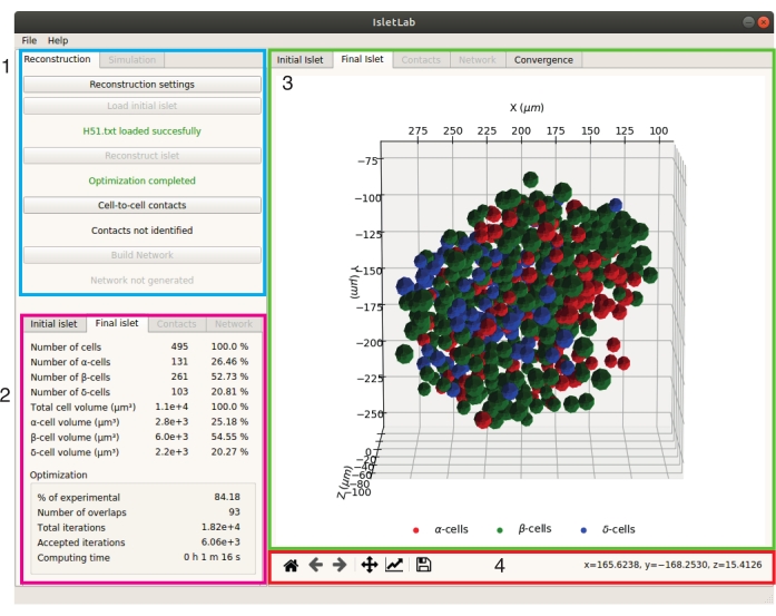 figure-protocol-2 Islet cell simulation software interface; 3D cell distribution chart; cell optimization data.
