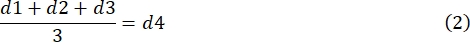 Equation displaying arithmetic mean calculation, \(\frac{d1+d2+d3}{3}=d4\).