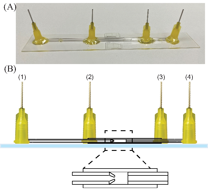 figure-protocol-7 Microfluidic device diagram and photo; needle alignment for fluid control and injection processes.