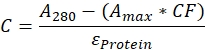 Protein concentration equation, C=(A280−(Amax*CF))/εProtein, relevant for spectroscopy analysis.