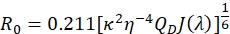 Förster radius \( R_0 \) equation; static equilibrium constant; relevant in fluorescence studies.