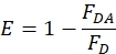 Fluorescence resonance energy transfer efficiency equation, E=1-(FDA/FD), formula.
