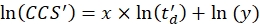 Chromatography equation: ln(CCS')=x×ln(t₀)+ln(y), used in data analysis.