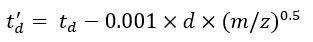 Time-of-flight mass spectrometry formula, td' = td - 0.001 × d × (m/z)^0.5, equation.