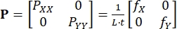 Thermal stress matrix equation P=1/L·t[fX 0; 0 fY], involving component forces.