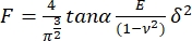Friction force equation F=(4/π²)tana(E/(1-v²))δ², formula in physics study of material properties.