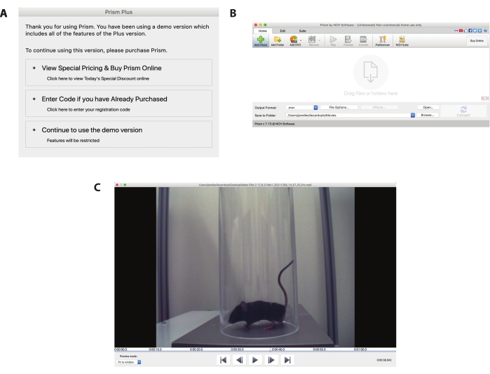 Prism software demo pages, video analysis interface, and mouse behavior observation setup.